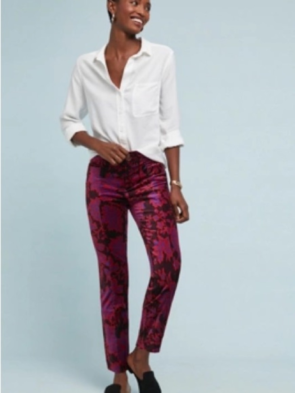 Anthropologie The Essential Velvet Slim Trousers Women’s 14 Floral Statement